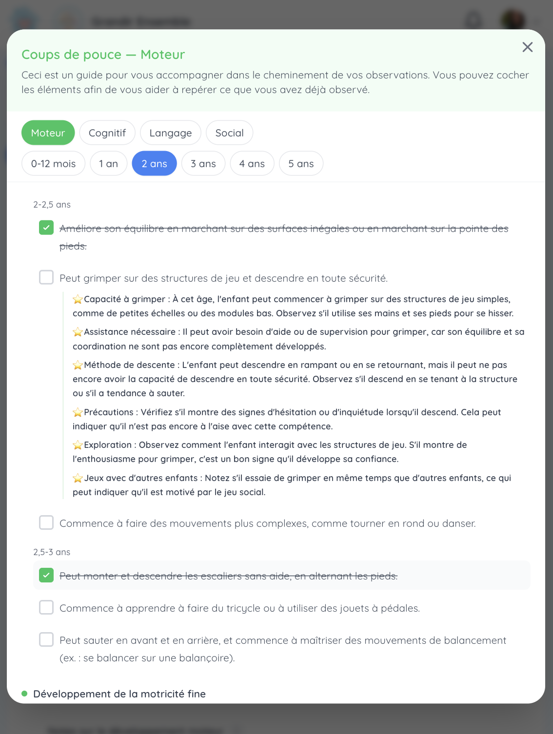 Notes d'observation exportées dans le portrait de l'enfant