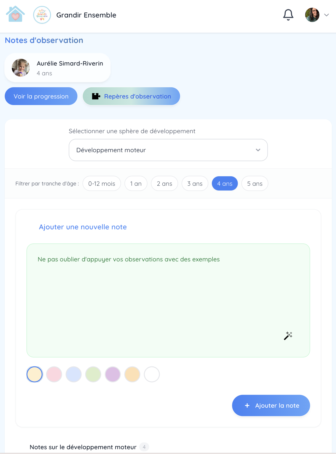 Interface des notes d'observation