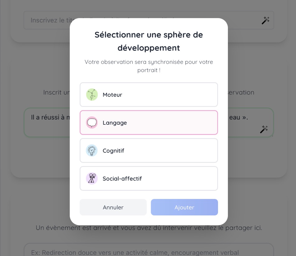 Sélection de la sphère de développement, synchronisée au portrait de l'enfant